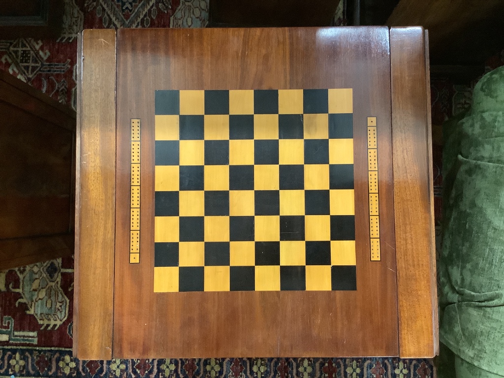 A Regency and later inlaid mahogany drop flap games table with backgammon interior, width 55cm, depth 50cm, height 72cm